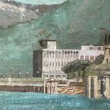 Peinture à l’huile antique milieu du siècle bateaux nautiques maritimes navires paysage marin ancien