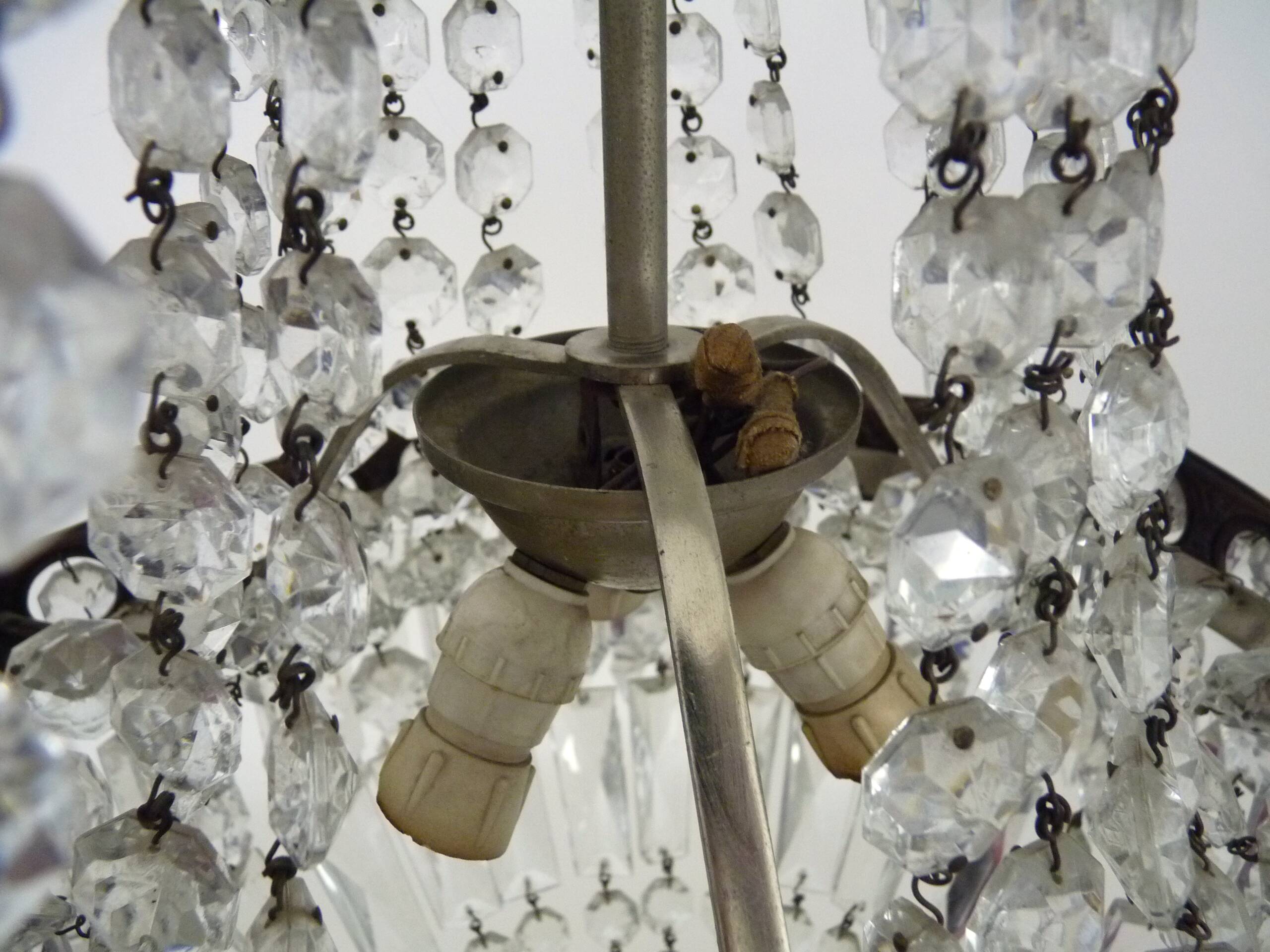 Old large 3-light hot air balloon chandelier in bronze, glass pendants.