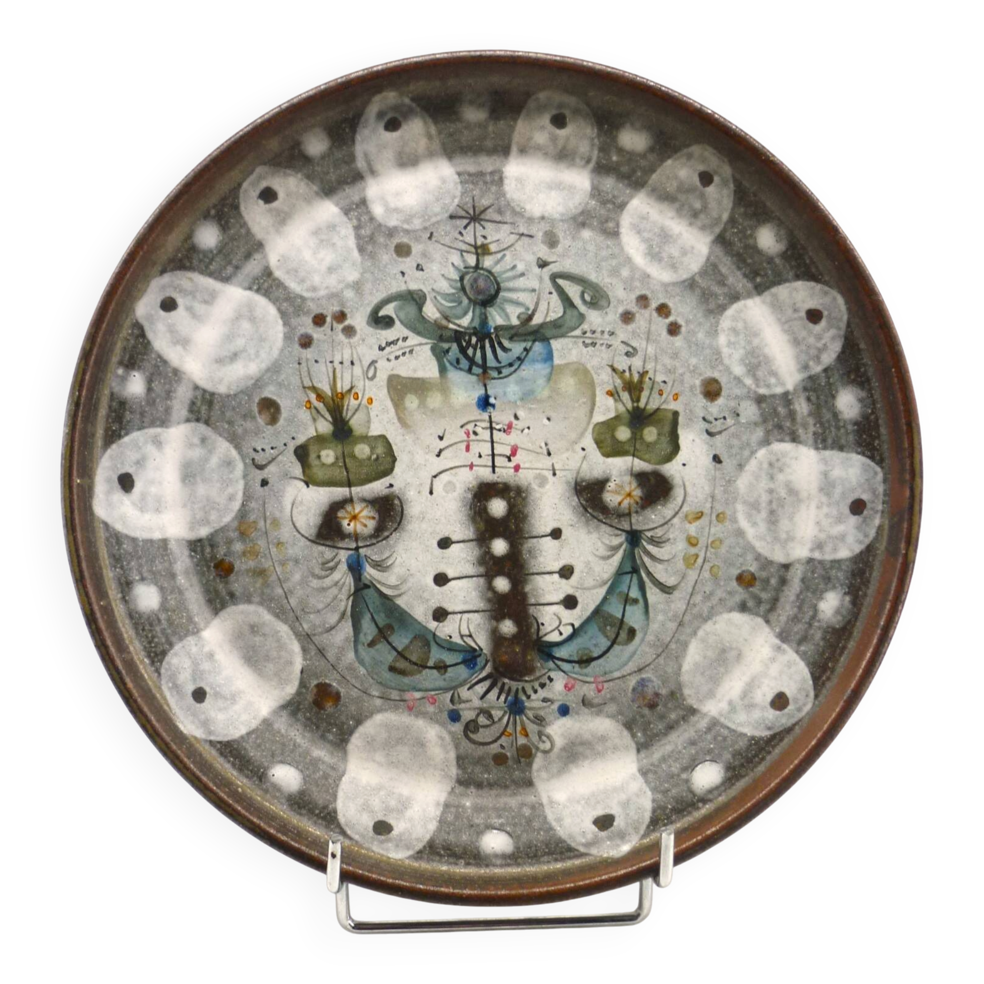 Glazed ceramic plate, signed André L'Helguen, 1950s/60s design.