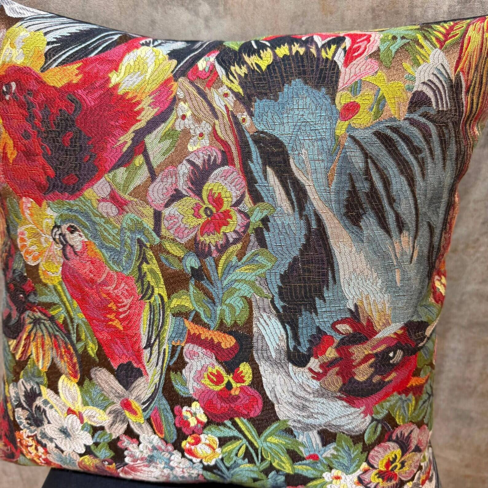 Woven Cushion, Crimson Macaw Parrot Jacquard, Dark Ground Pillow Cover
