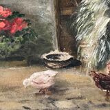 Huile scène de genre intérieur ferme/animaux