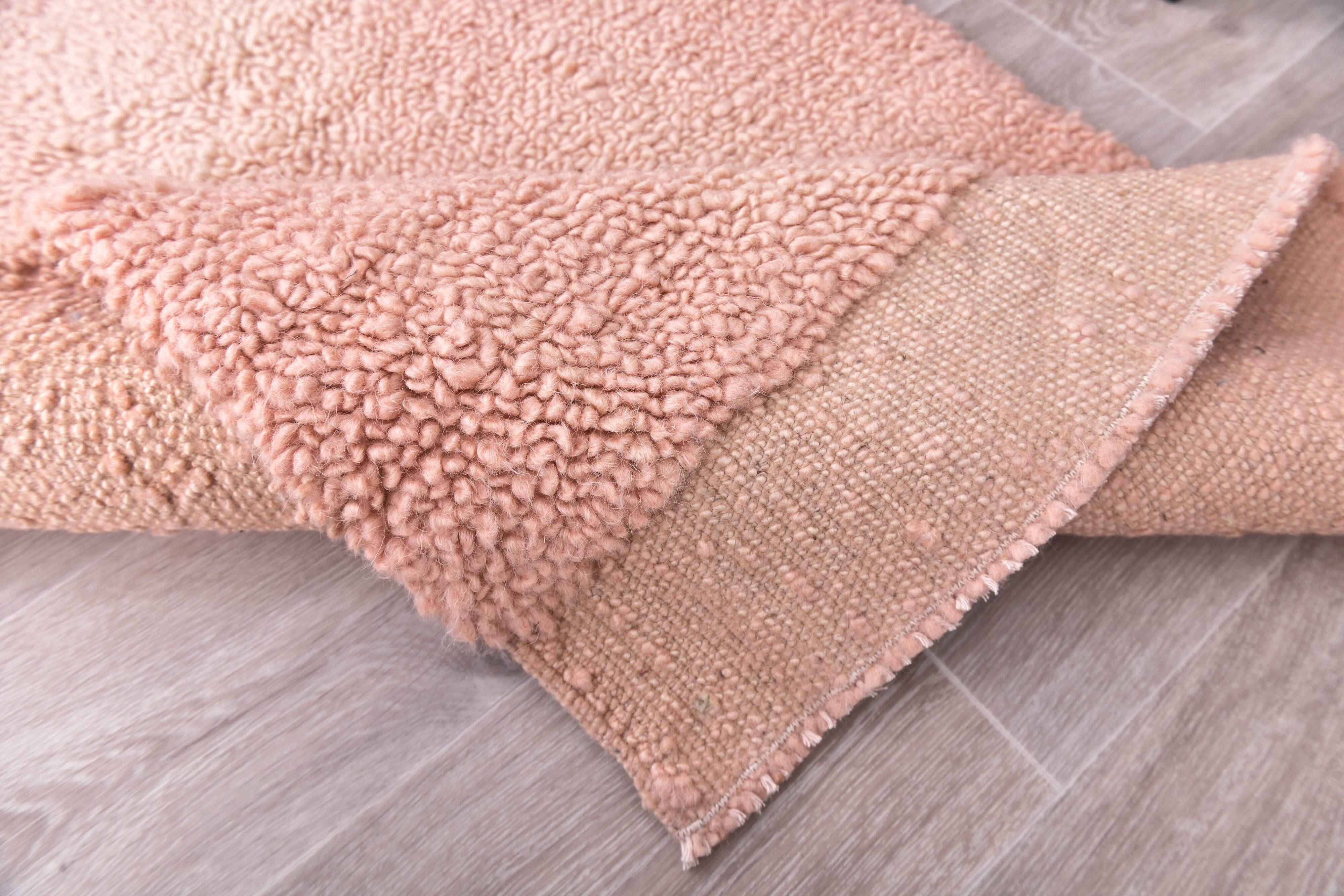 %100 Rose Pink Wool Vintage Runner Rug 67x215Cm