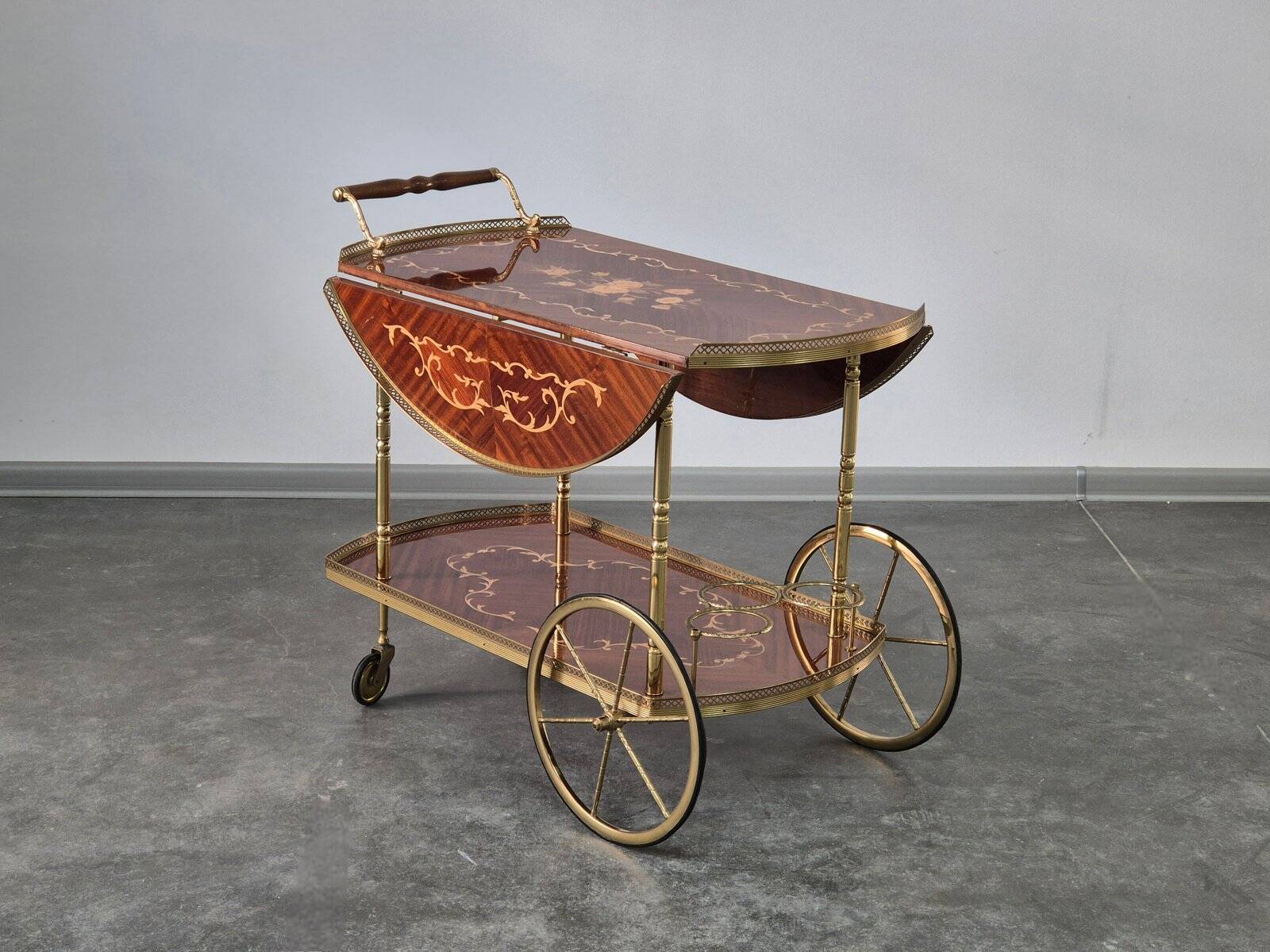 1970s drinks bar cart with side flaps in marquetry