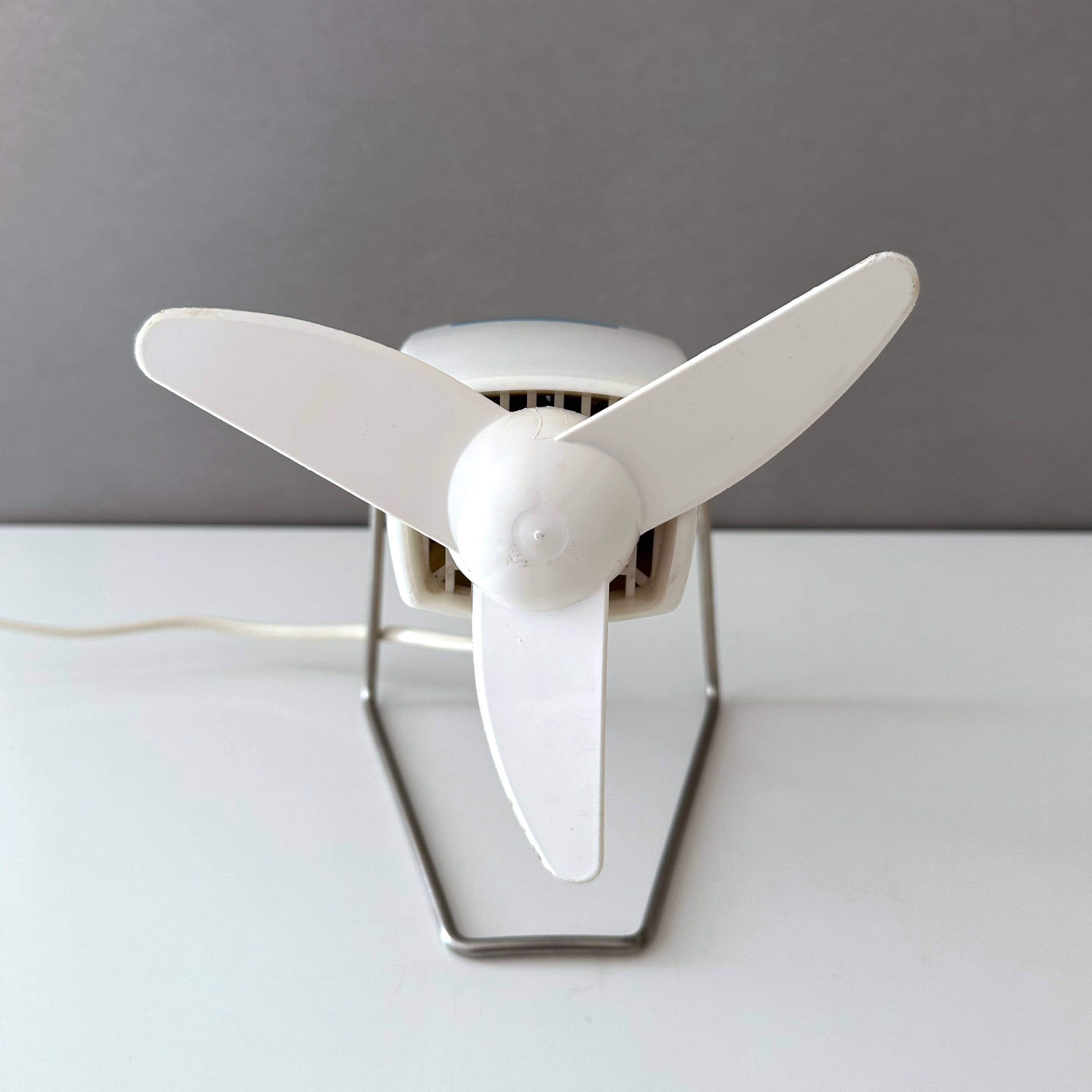 Blue Severin electric fan, mid-century office