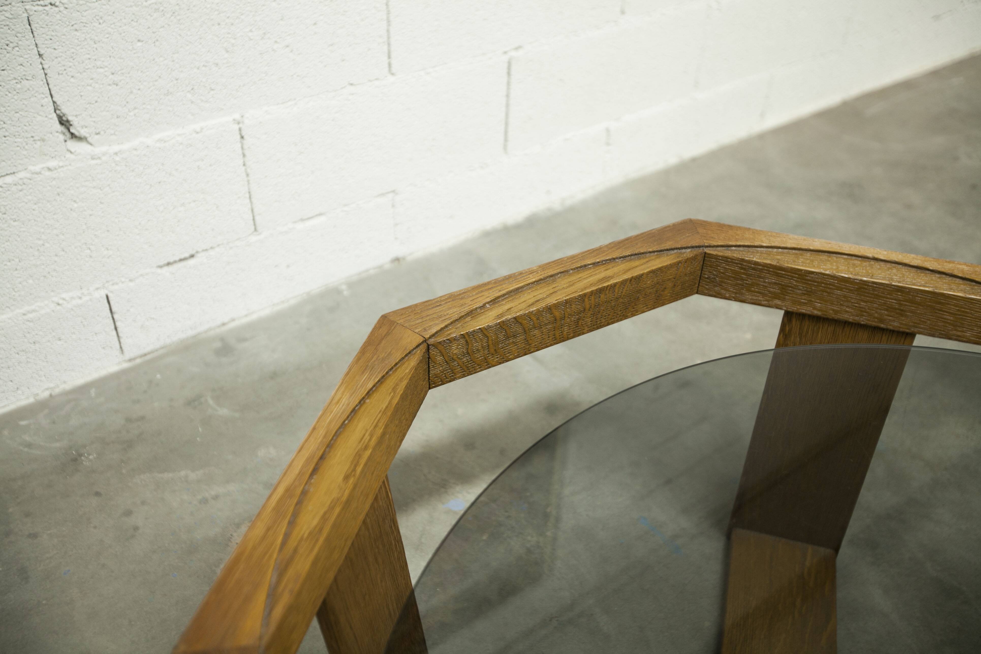 Unique hexagonal table 1977, smoked glass and oak, Swiss made.