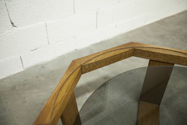 Unique Table hexagonale 1977 chêne verre fumé fabrication suisse