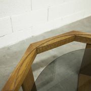 Unique hexagonal table 1977, smoked glass and oak, Swiss made.
