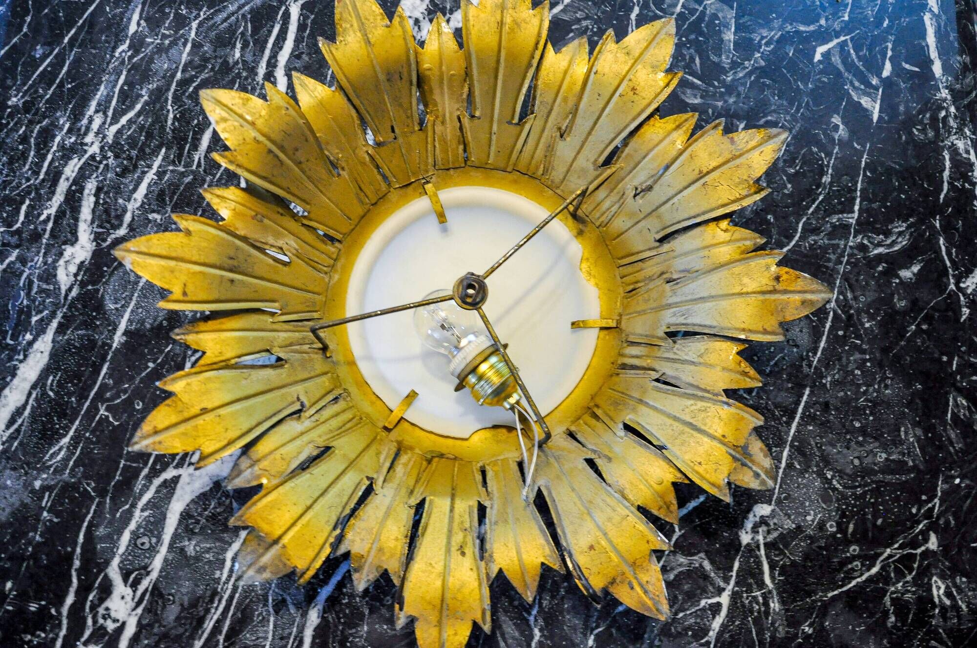 Sun wall lamp by ferro arte, metal and gold leaf, Spain, 1960