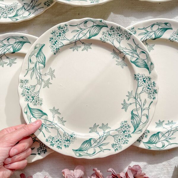 Lot de 6 Assiettes Plates Anciennes Terre de Fer ''Lilas'' – Longchamp XIXe –