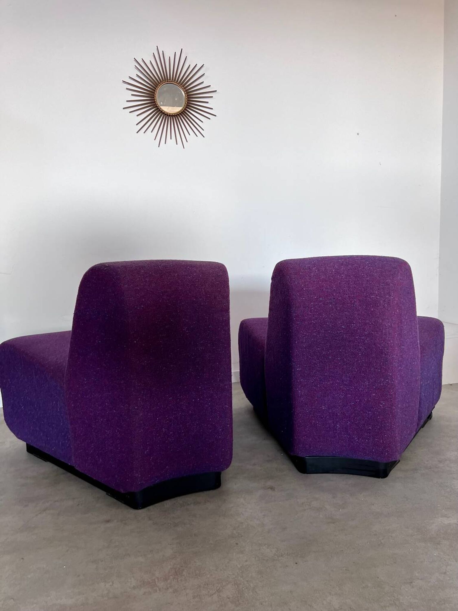 Lot 2 low chairs Space Age design from the 70s purple fabric vintage armchair