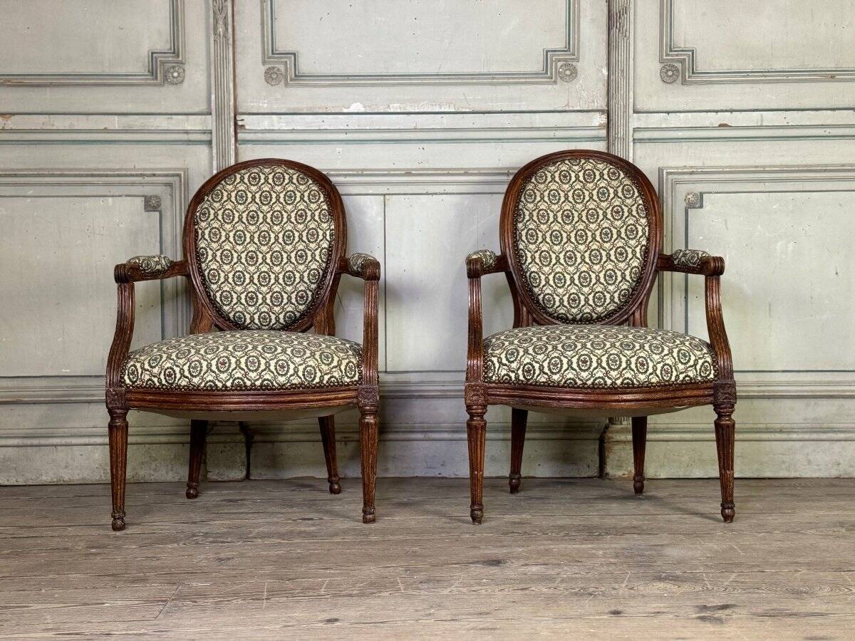 Pair Of Louis XVI Armchairs In Carved Wood, 18th Century