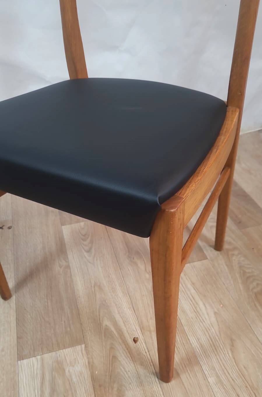 Vintage Danish teak chair – black faux leather seat (1960s)