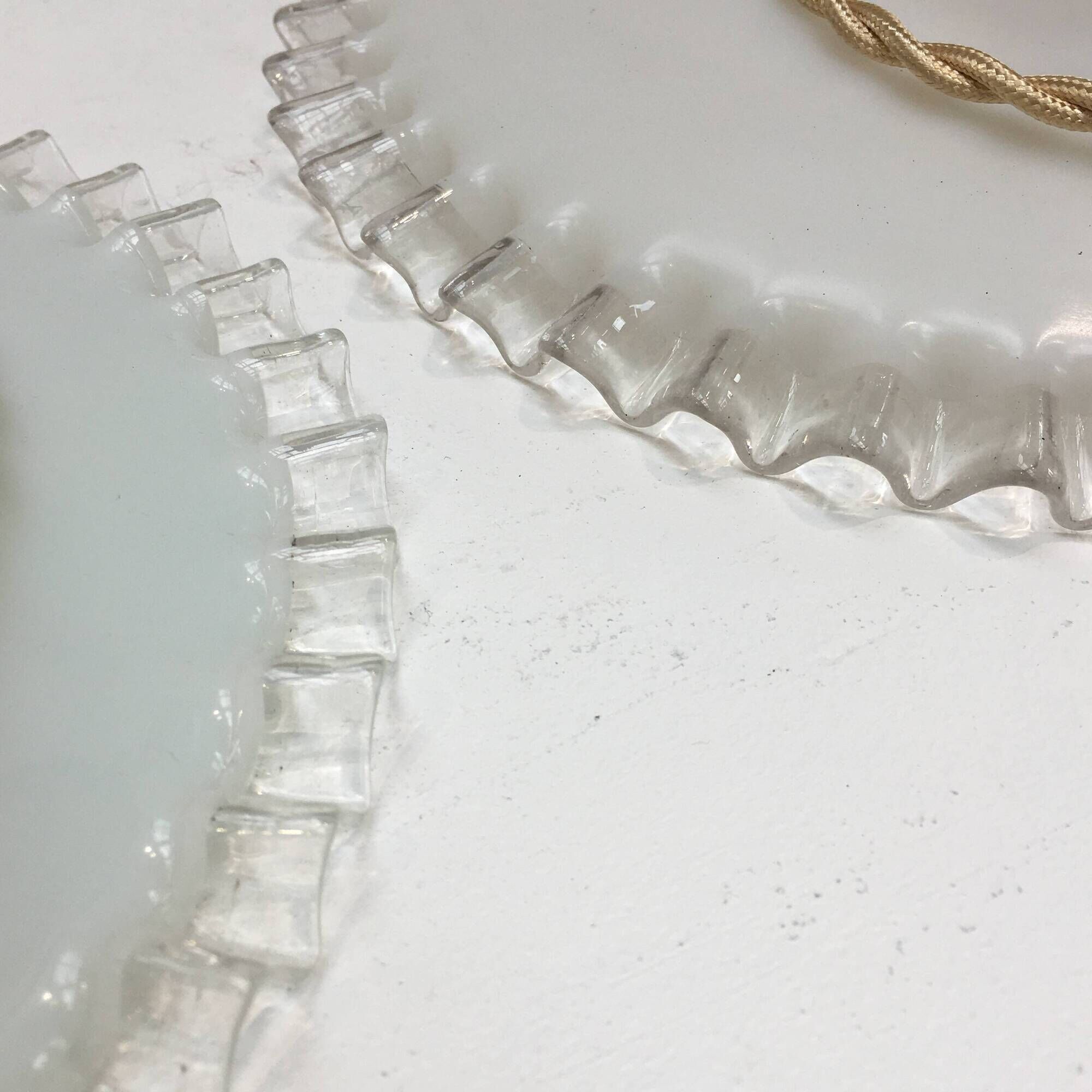 Pair of vintage white opaline pendant lamps with serrated edges