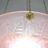 Pink Art Deco top quality pendant light with floral decorations, signed Degué