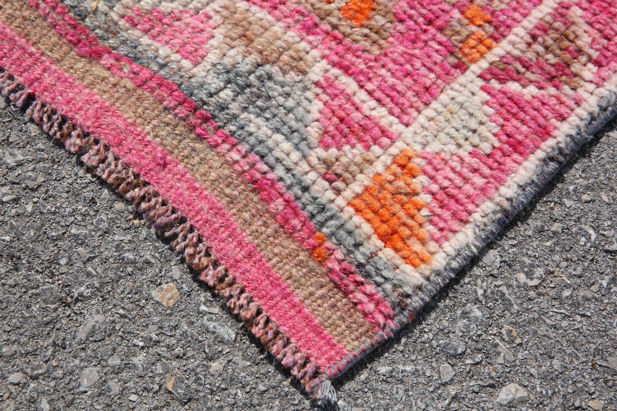 Hot Pink Turkish Runner Rug, Vintage Boho Hallway Carpet, 83x353 Cm