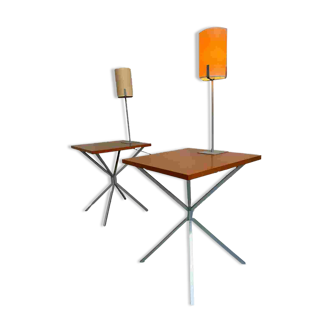 Side table / bedside table with designer lighting, Ligne Roset metal and wood