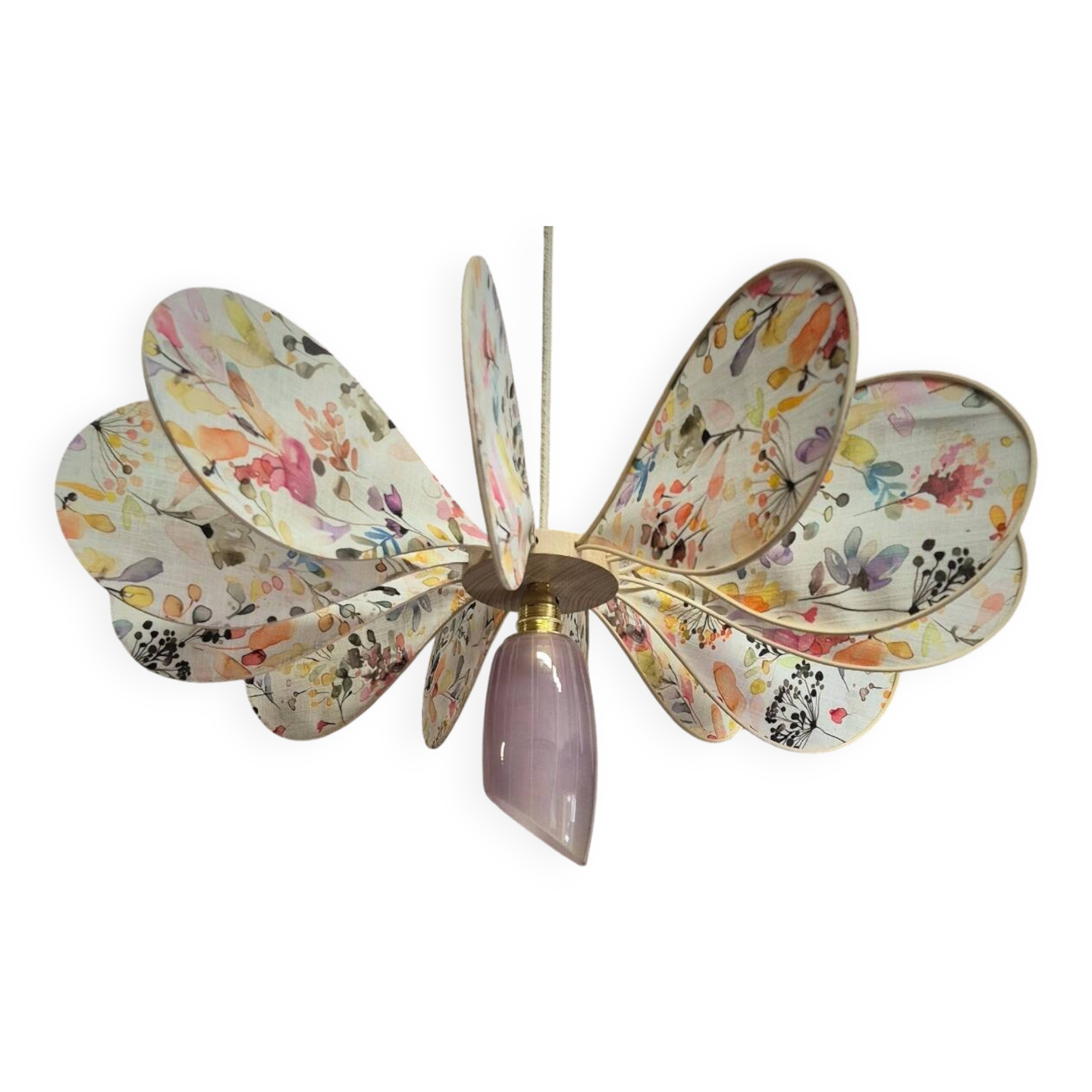 Suspension, lustre, pale fleurs, rotin et globe vintage