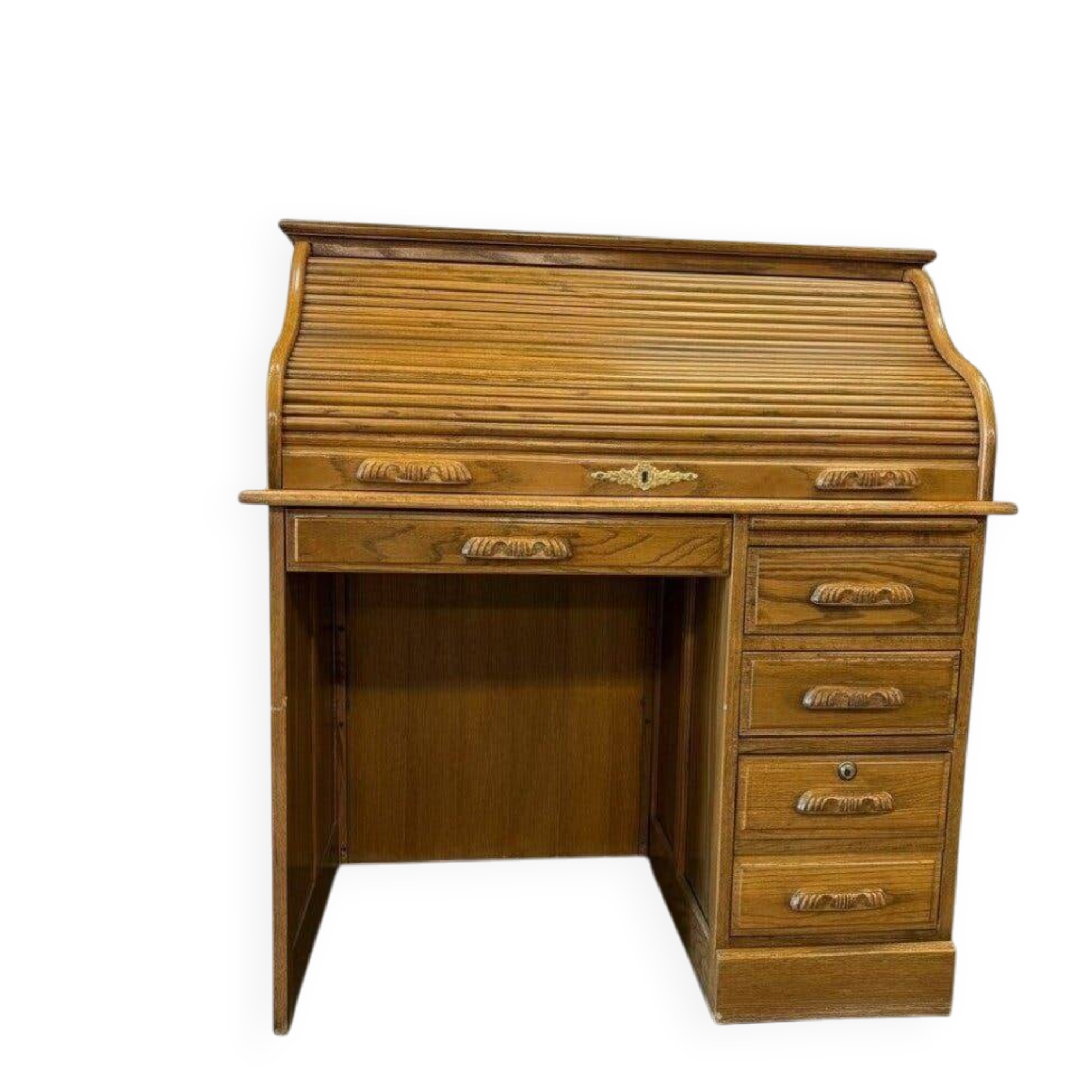 Vintage American wooden desk with a roll-top.