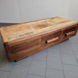 Vintage 1970 coffee table in solid oak & ceramic