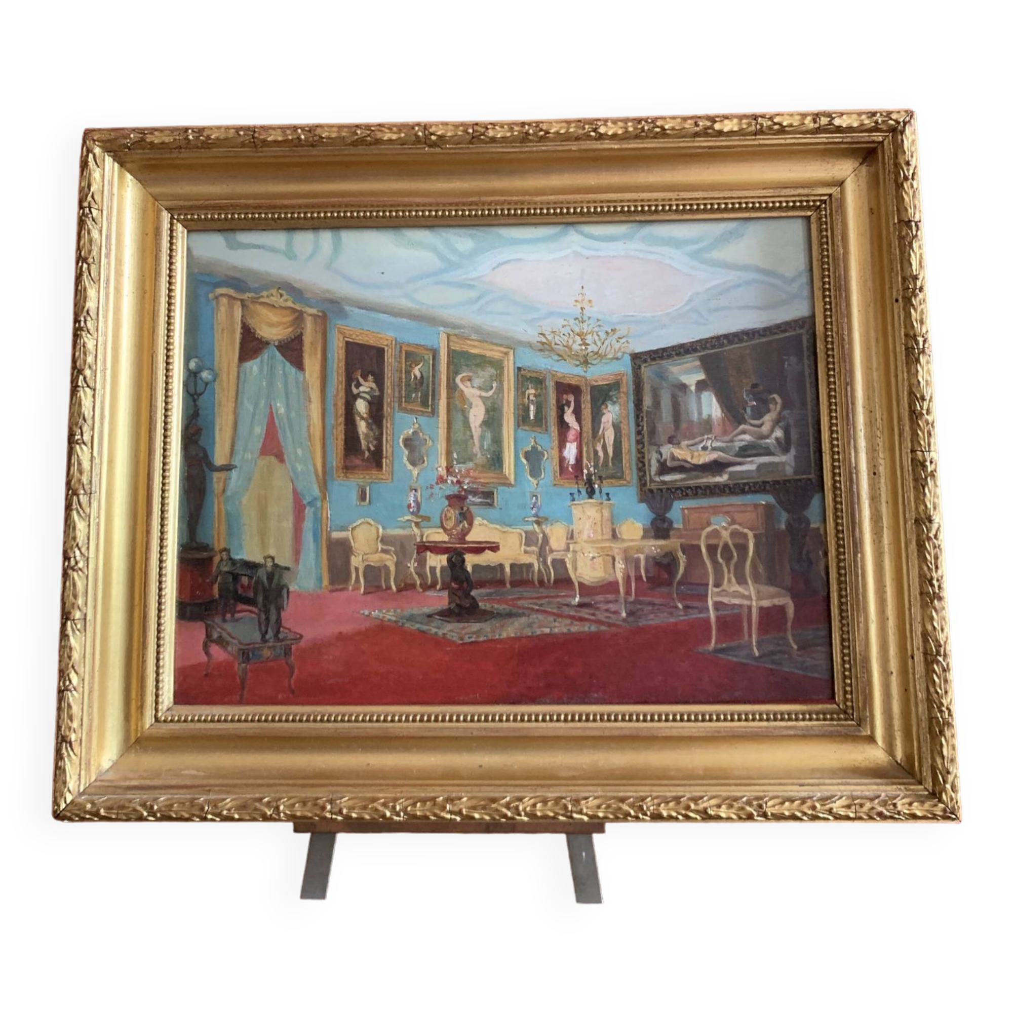 Interior Scene. Oil On Panel 19th Century