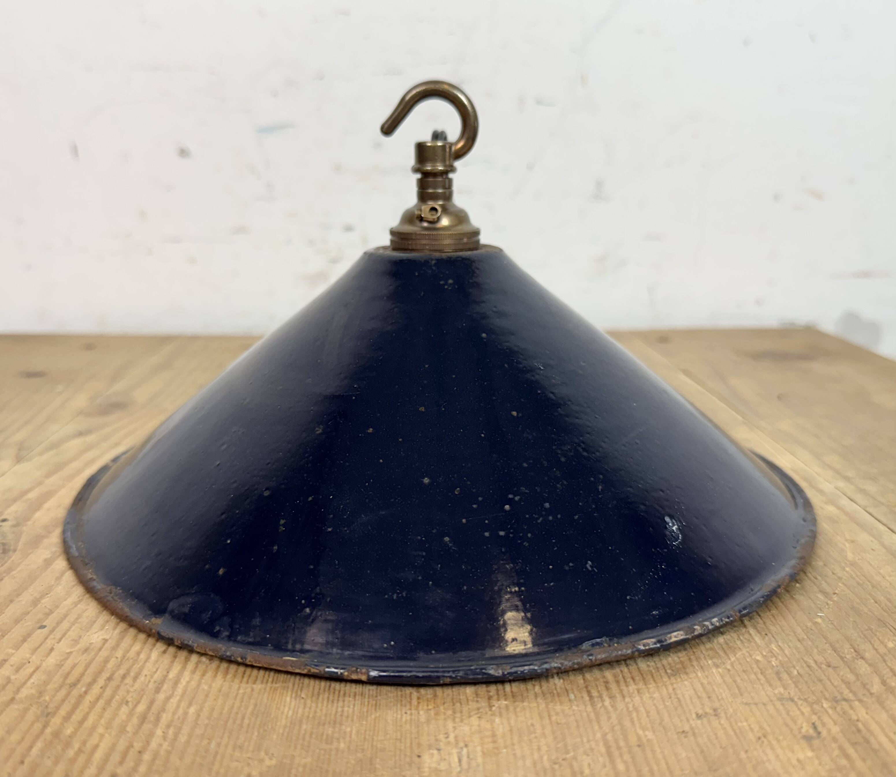 Industrial British Dark Blue Enamel Factory Pendant Lamp, 1950s