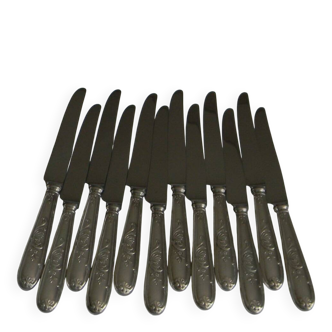 12 couteaux manche en métal argenté et lame inox