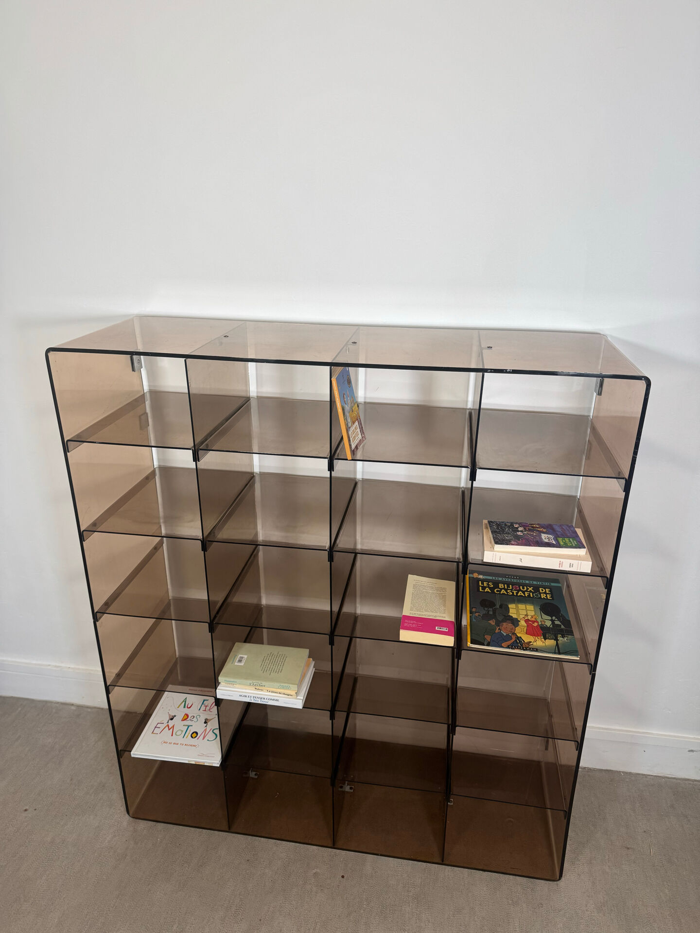 Shelf - library with 24 smoked plexiglass compartments by Michel Dumas