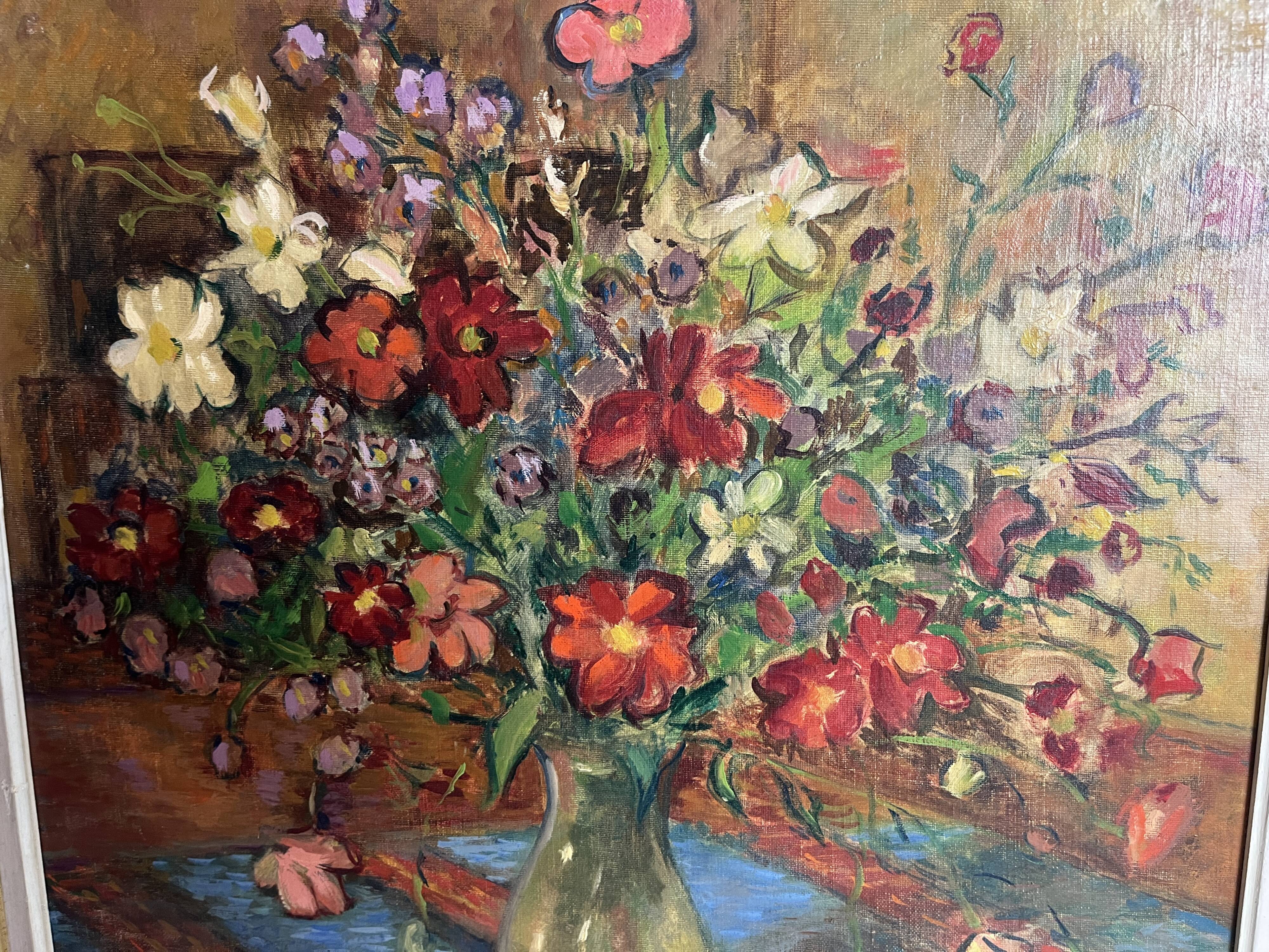 Oil on canvas still life with a red bouquet signed Bérard 20th century.