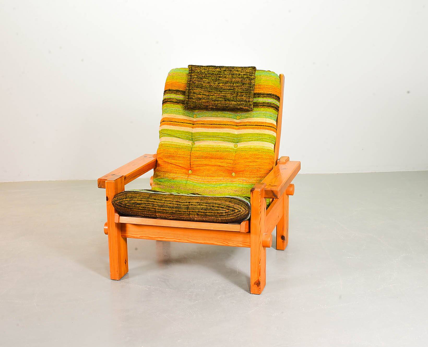Multicolored Yngve Ekstrom Pinewood Lounge Chair Dymling for Swedese 1970s