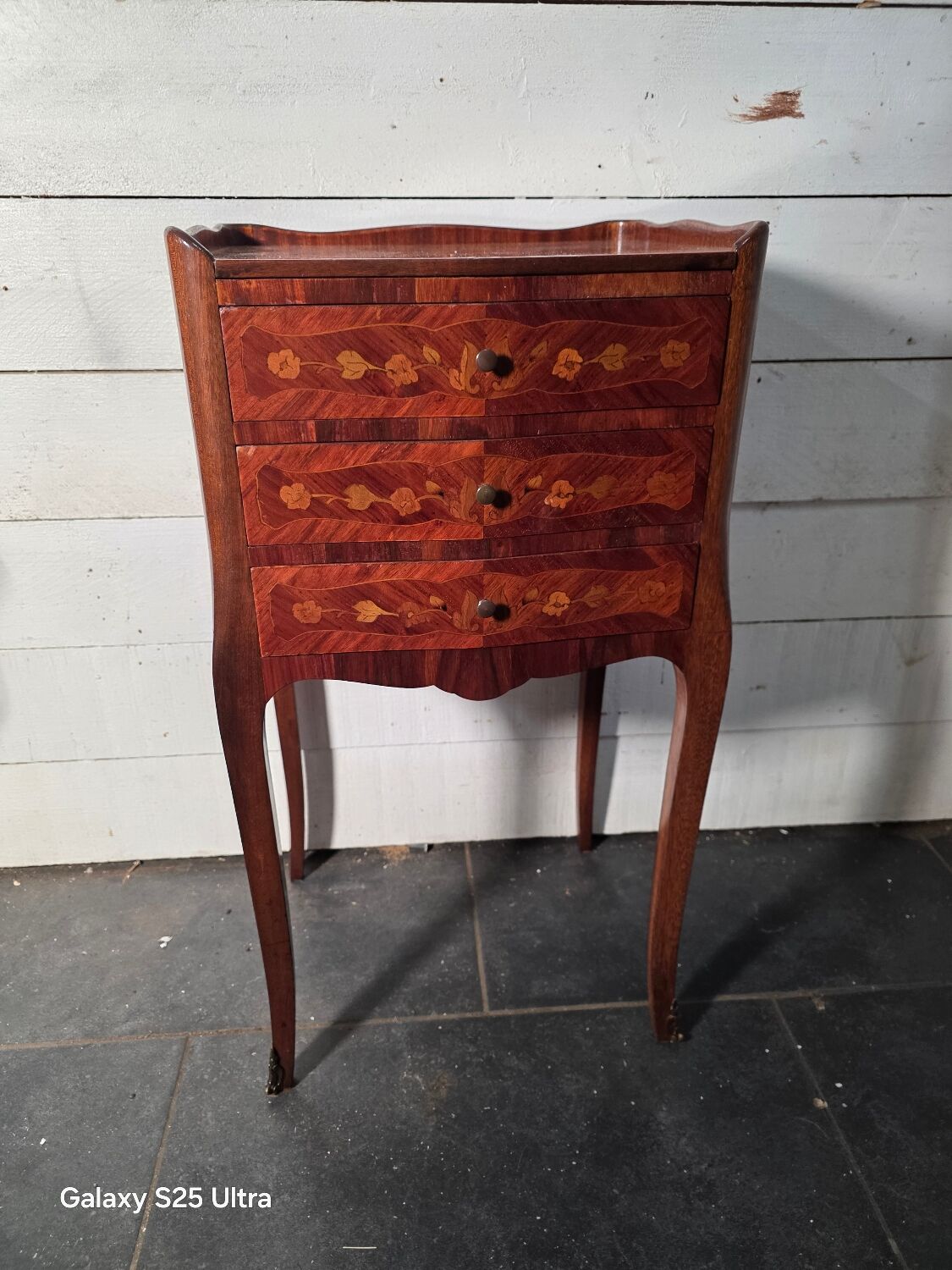 Louis XV style bedside table in marquetry with 3 drawers.