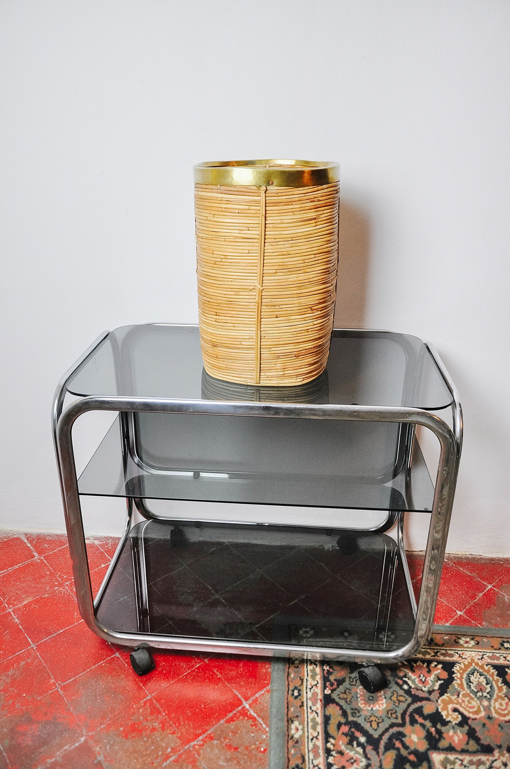 Rattan and brass umbrella stand, Italy, 1970