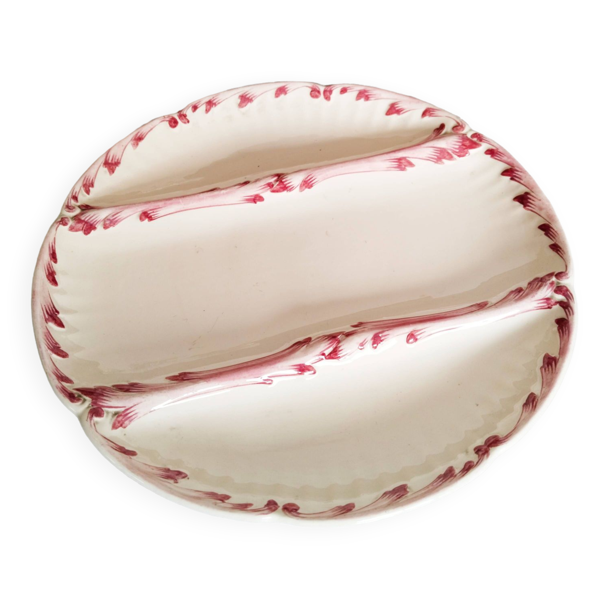 Asparagus plate, Sarreguemines earthenware, dark pink pattern