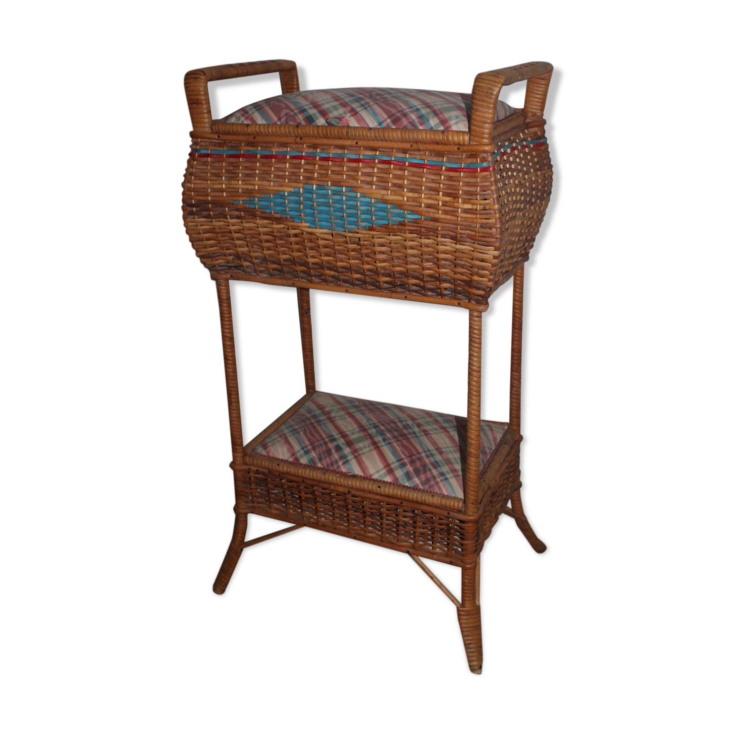 Furniture vintage 70 sewing basket in rattan and wicker