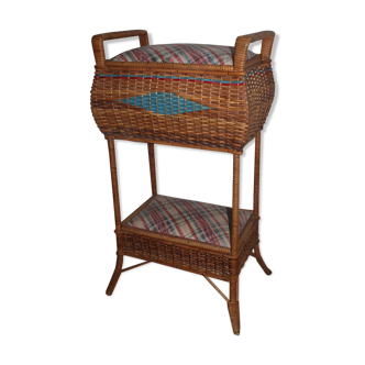 Furniture vintage 70 sewing basket in rattan and wicker