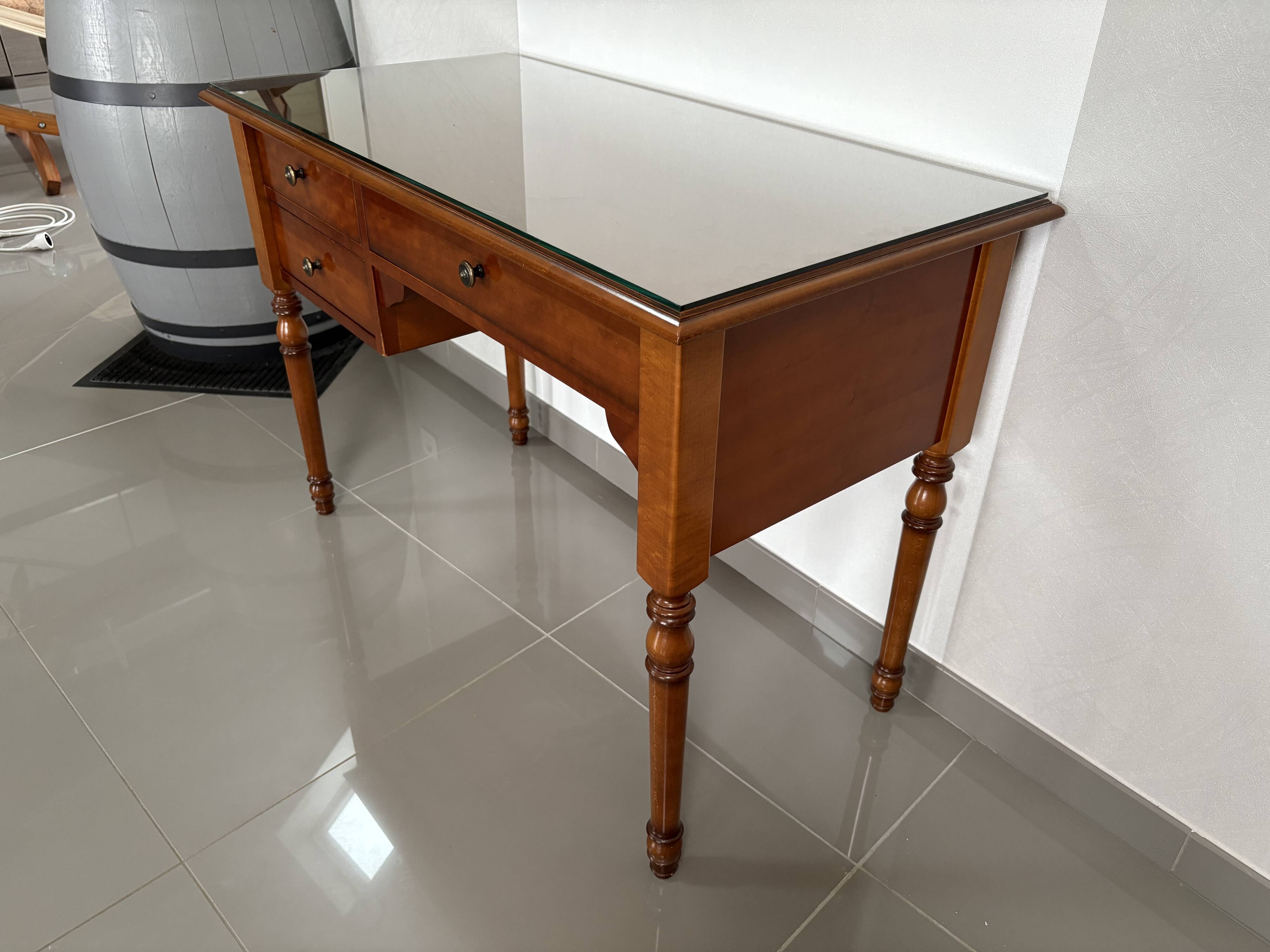 Vintage desk in solid beech stained cherry with glass top