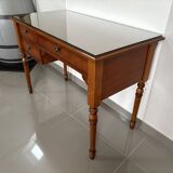 Vintage desk in solid beech stained cherry with glass top