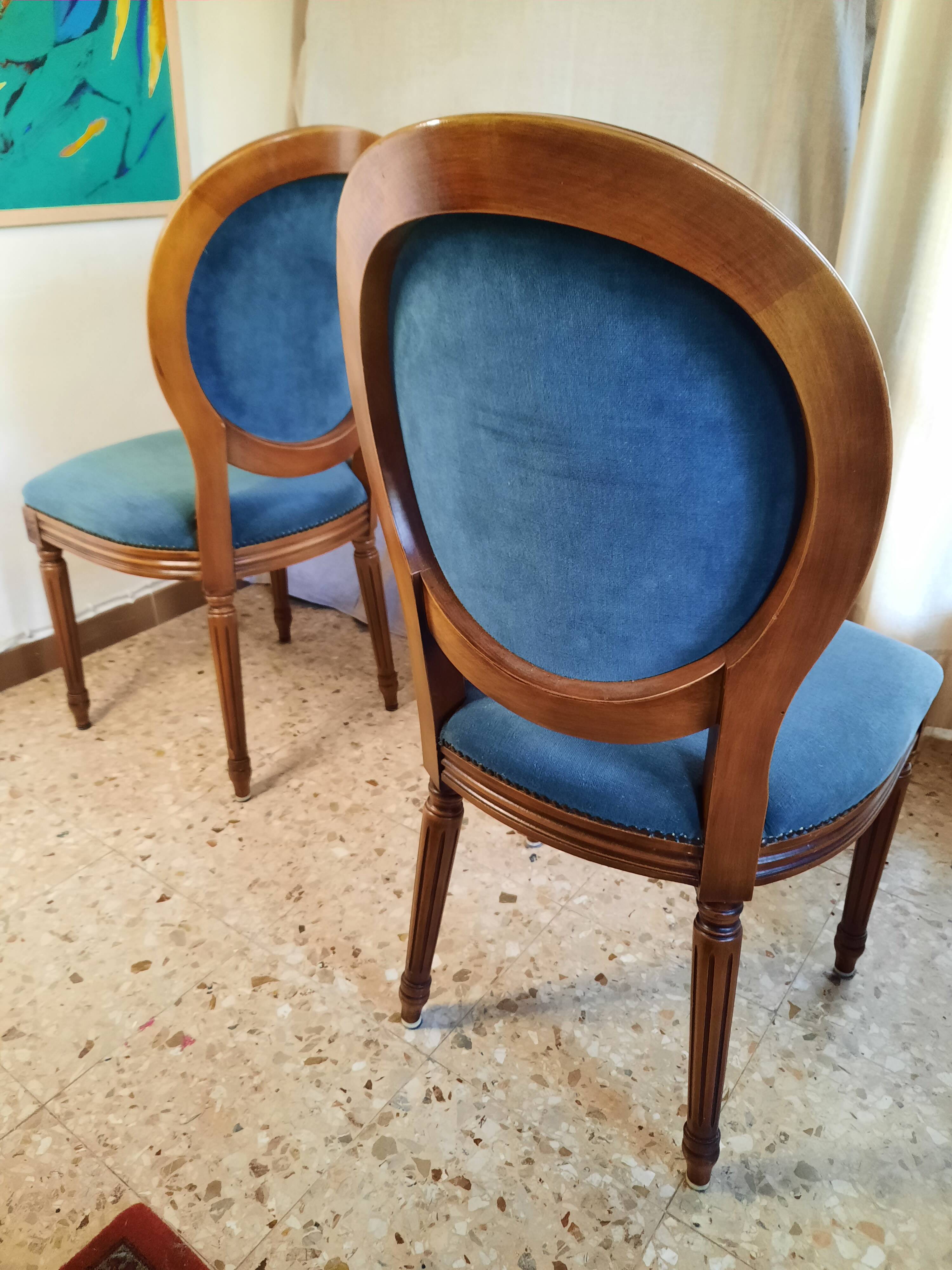 Pair of blue velvet medallion chairs
