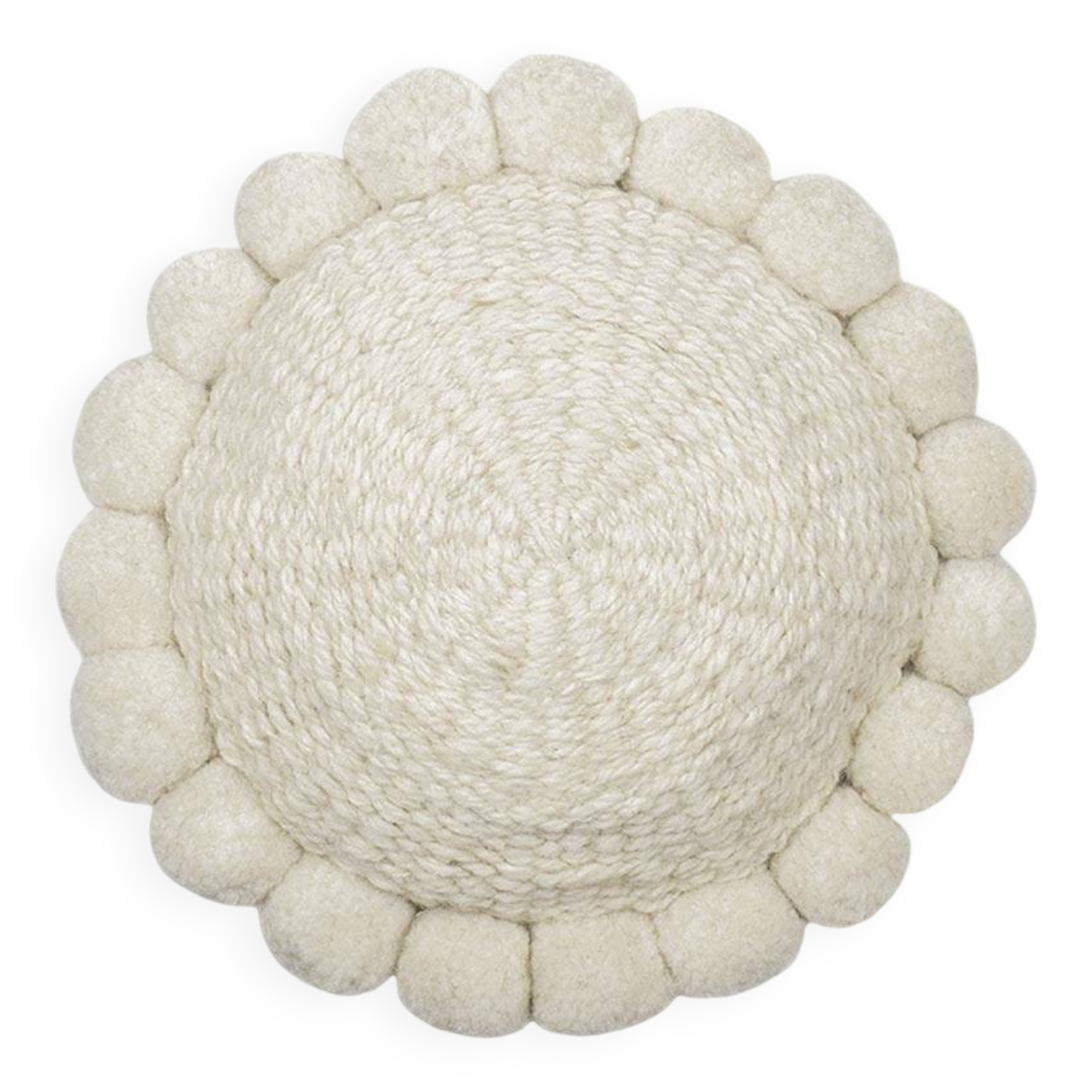 Mini coussin rond à pompons blanc en laine