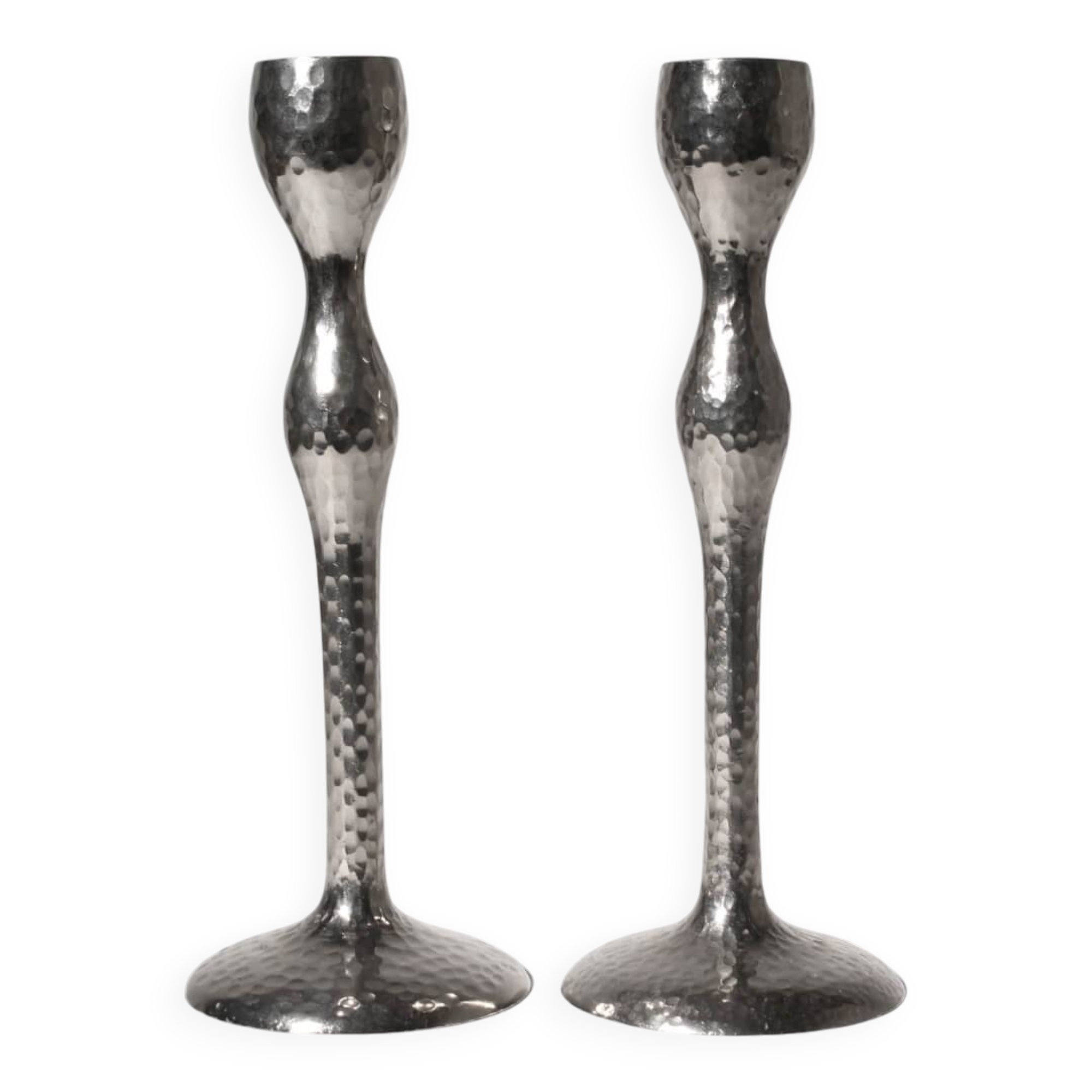 Pair Of Tall Textured Mirror Metal Candlesticks