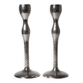 Pair Of Tall Textured Mirror Metal Candlesticks