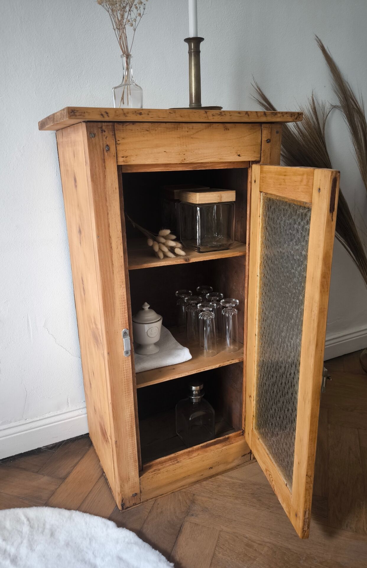 Antique pine and hammered glass confiturier - Renovated