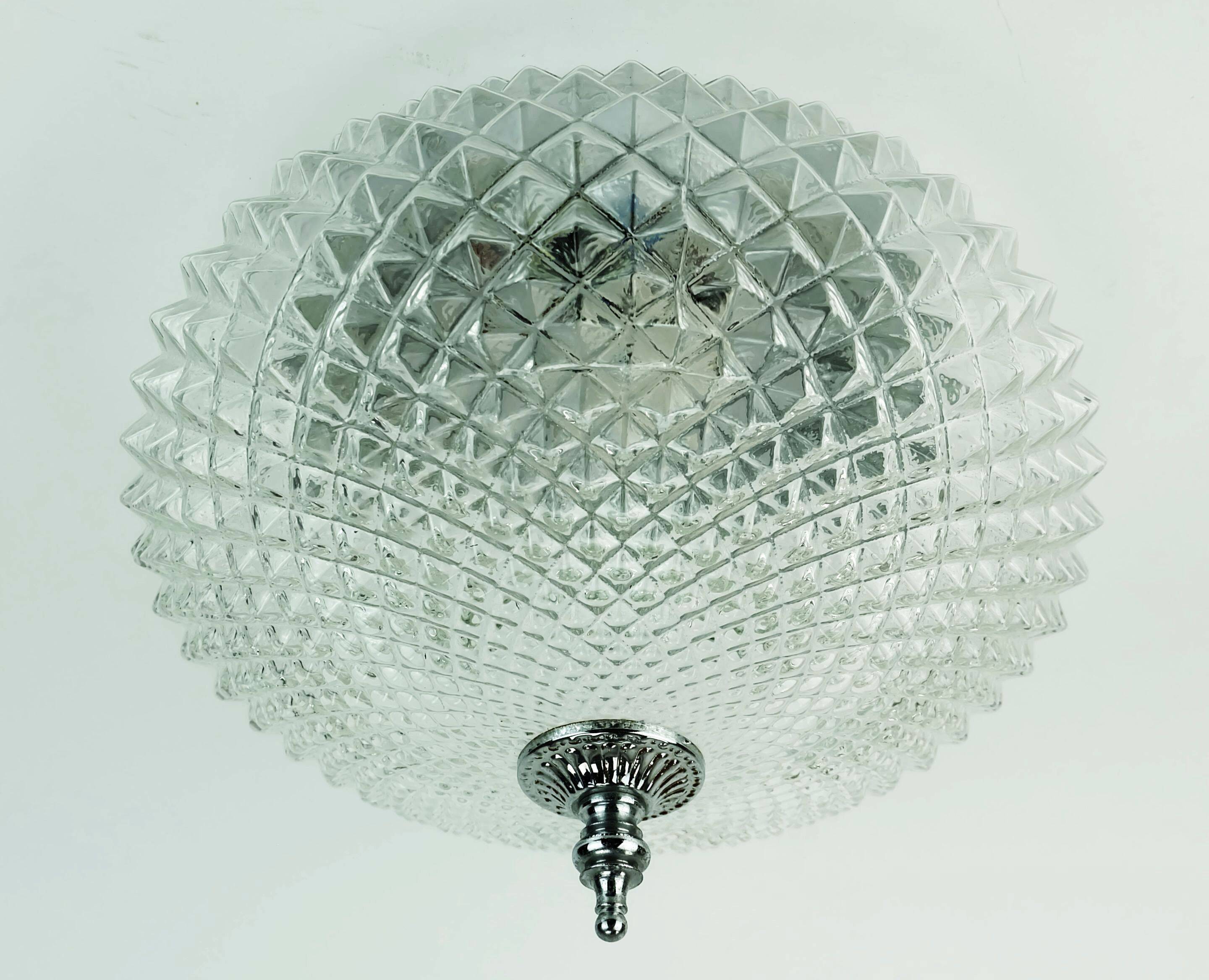 Vintage glass ceiling lamp textured glass and chrome 1970s