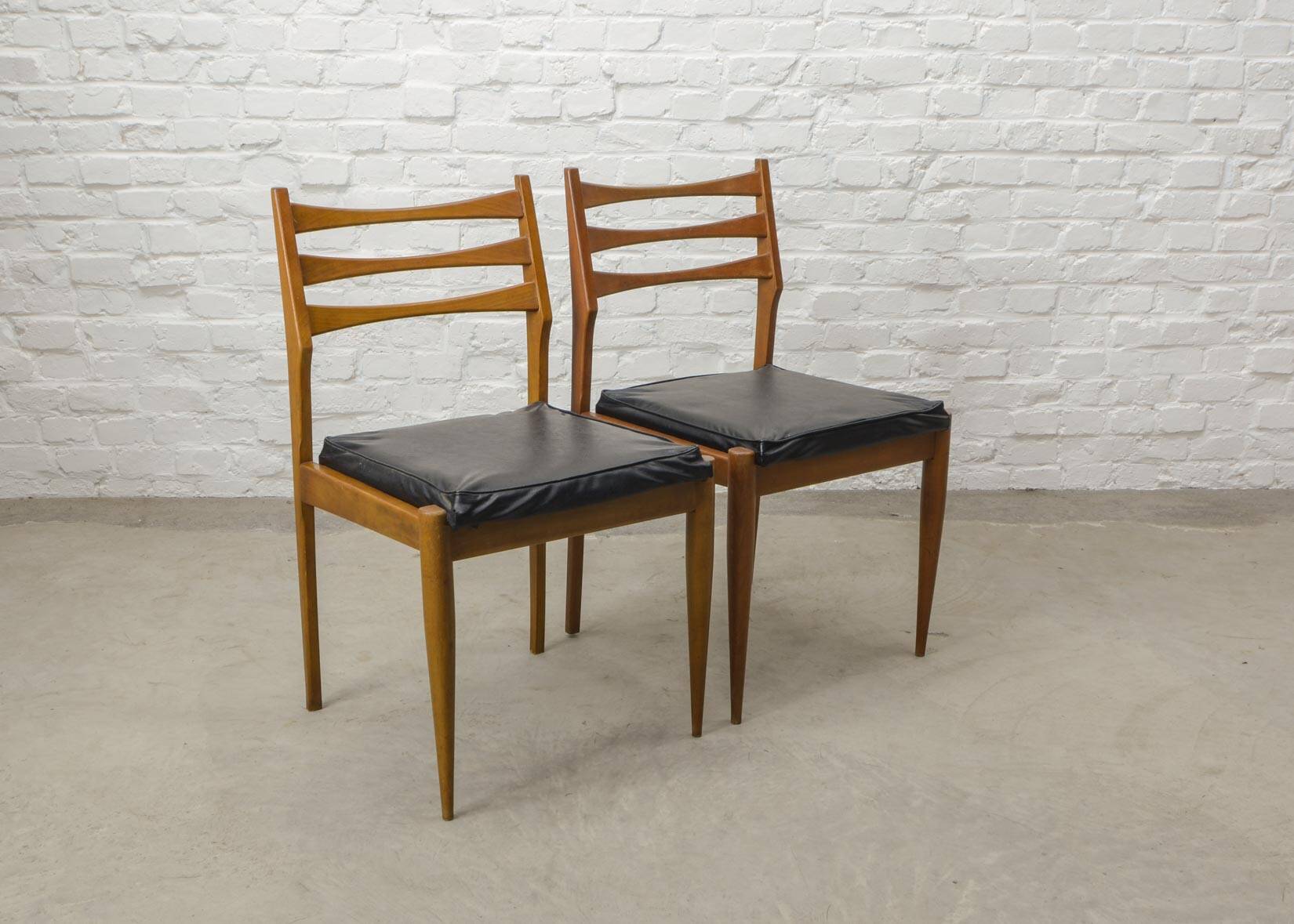 Solid Wood Ladder Dining Chairs with Square Black Leatherette Seating 1960s