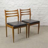 Solid Wood Ladder Dining Chairs with Square Black Leatherette Seating 1960s