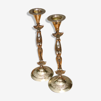 Beautiful pair of vintage candle holders in golden brass