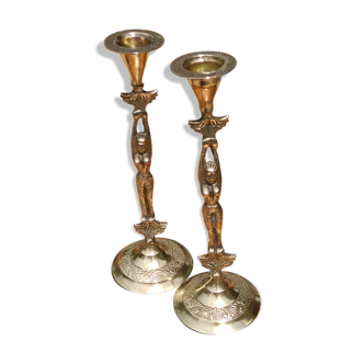 Beautiful pair of vintage candle holders in golden brass