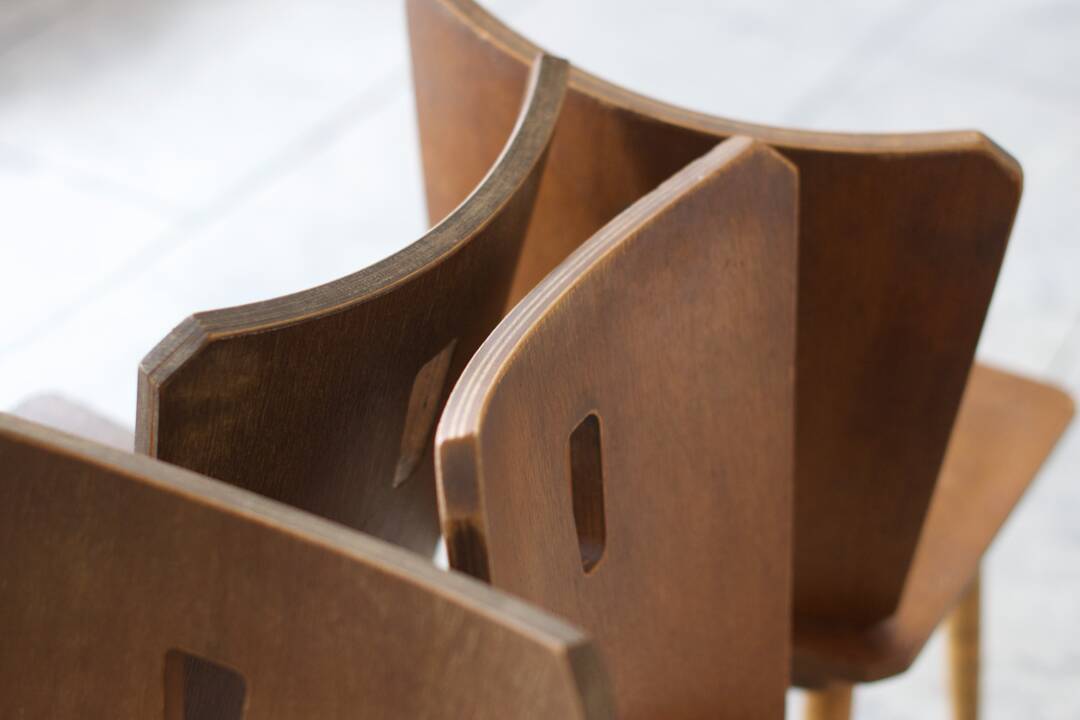 Series of four vintage brutalist wooden chairs 1960