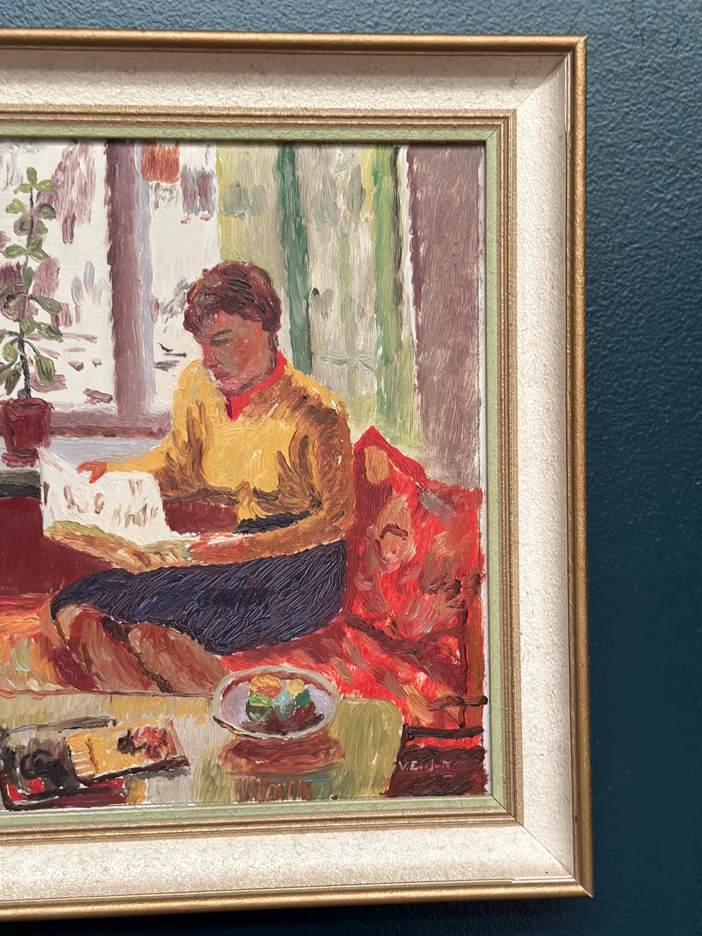 Original Swedish Oil on Panel – “Woman Reading Book” by Einar Emland