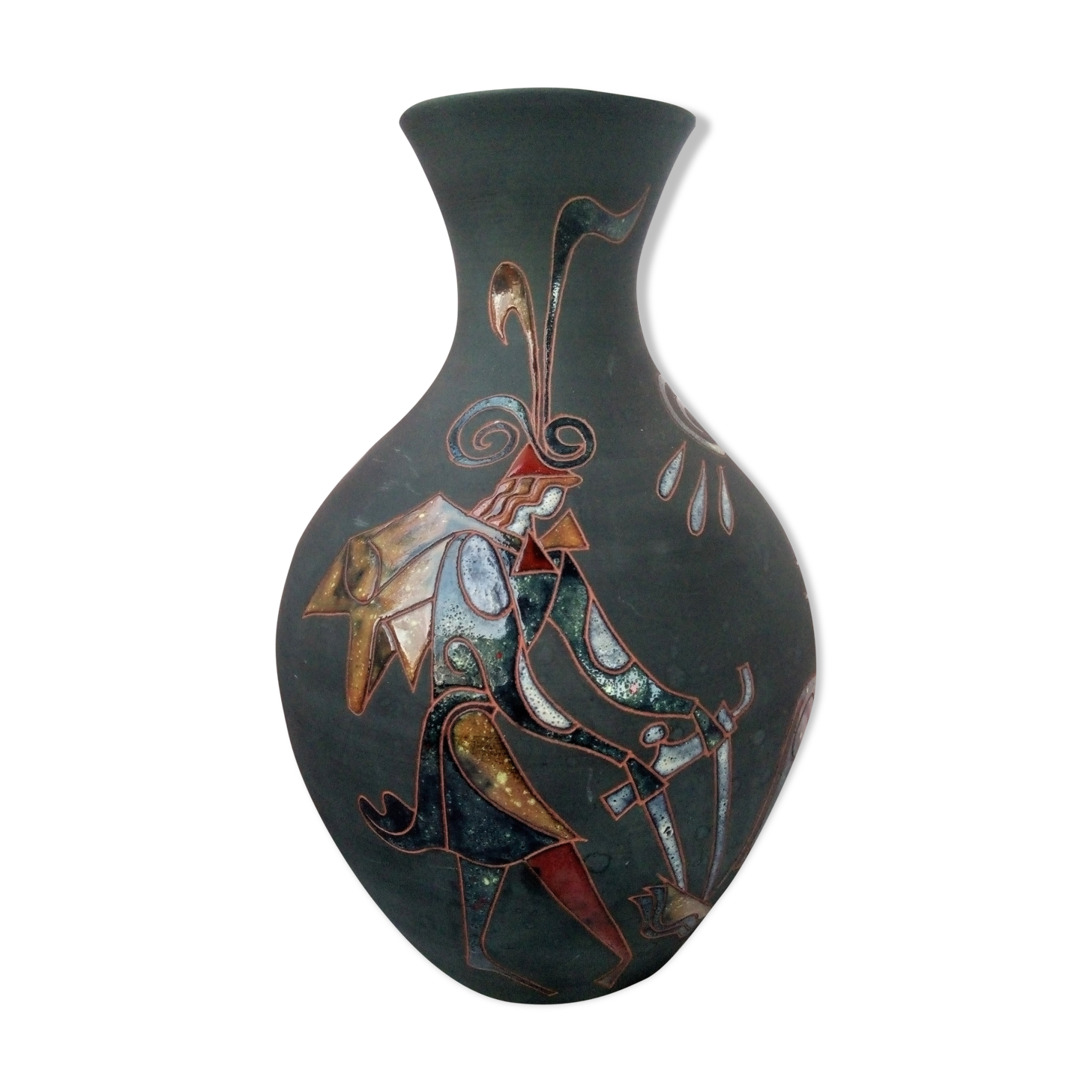 Vase with enamelled mythological decoration, signature to decipher 1950