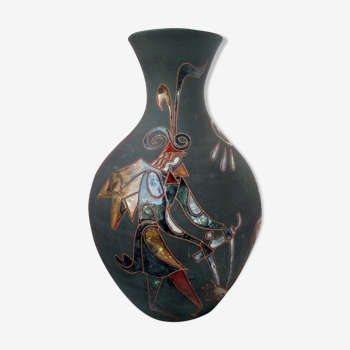 Vase with enamelled mythological decoration, signature to decipher 1950